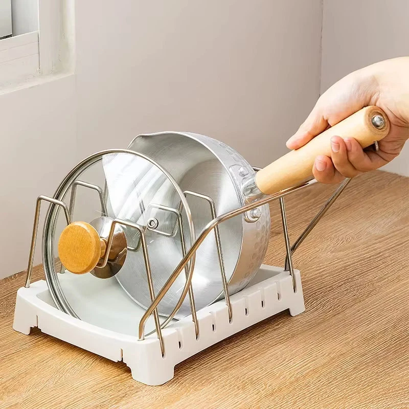 Kitchen Organizer Adjustable Pot Lid Rack, Spoon Holder Shelf, Cooking Dish