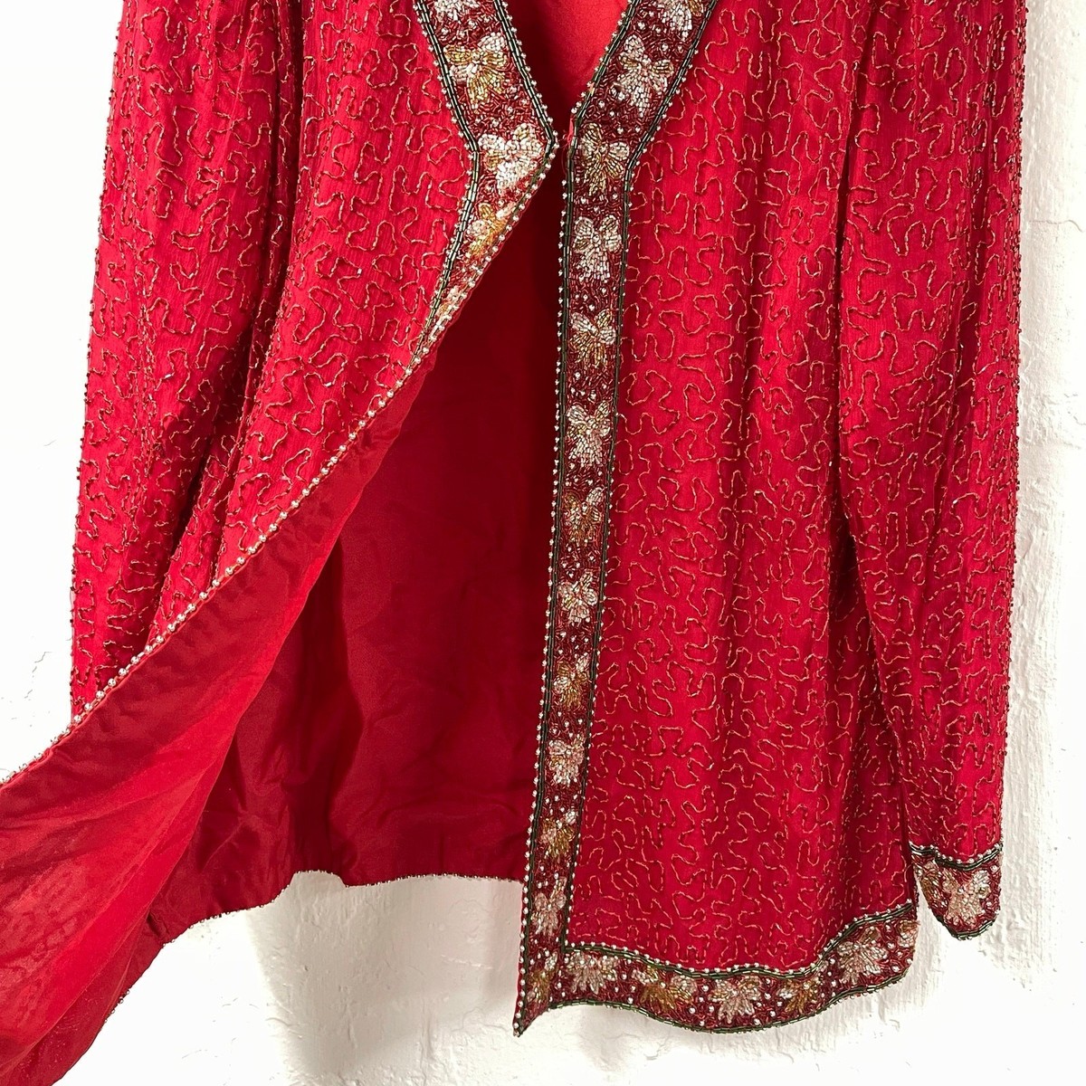 Laurence Kazar New York Red Beaded Jacket Christmas Bows 1X Silk View 5