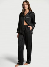 Victoria's Secret Signature Satin Long Pajama Set, Jacquard Black NEW