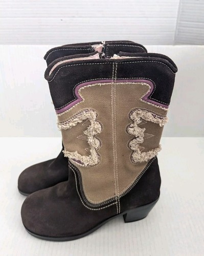Steve Madden Rodeoo Boots Kids Girls 4.5 Western Learher Canvas Brown Tan - Picture 5 of 9
