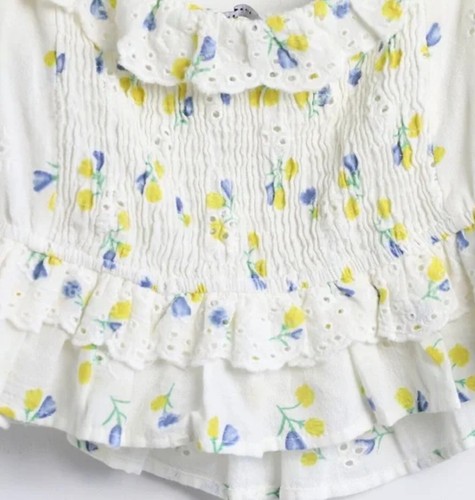 Zara top cropped floreale 100 cotone cottagecore carino bianco giallo avorio S smocked - Foto 6 di 8