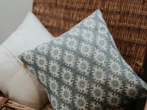 SALE Peony & Sage IKat mussel and green linen plain linen reverse 36x36cm