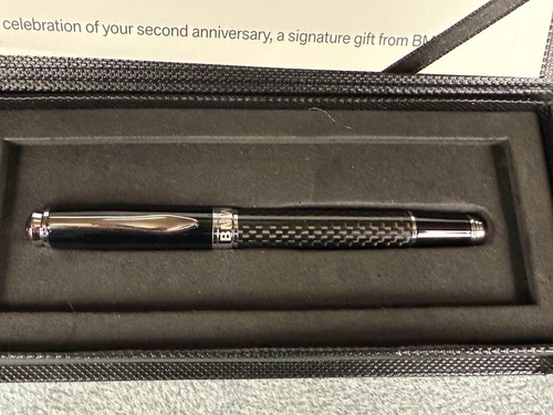 BMW Black Carbon Fiber Black Ink Ballpoint Roller Ball Pen In Original Box - Picture 2 of 6