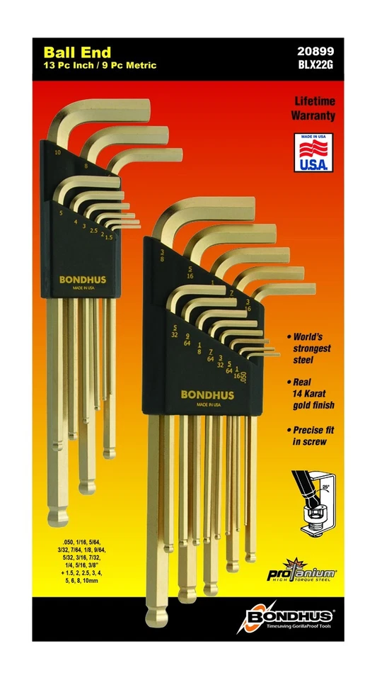 Bondhus 22pc GoldGuard Ball End Hex L Wrench Set Metric SAE Inch USA MADE 20899 - Image 3 of 4
