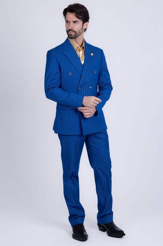 Barabas Men's Pinstripe Pattern Double-Breasted Peak Lapel Suit 5SU39 - Picture 40 of 64