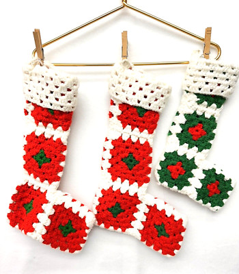 Vtg Handmade Granny Square Crocheted Christmas Stockings White Red Green Lt/3