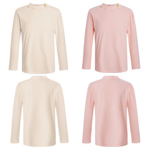 Kids Girls Pullover Thermal Tops Base Layer Tops T-shirt Knit Blouse Ribbed - Picture 2 of 37