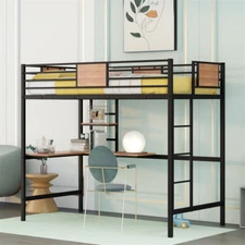 Twin Size Heavy-Duty Metal Loft Bed with Desk,Bookshelf & 4-step Ladder Black