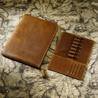 Pen Book All-in-one Zipper Pen Bag Retro Pencil Pen Pouch Crazy Horse Leather