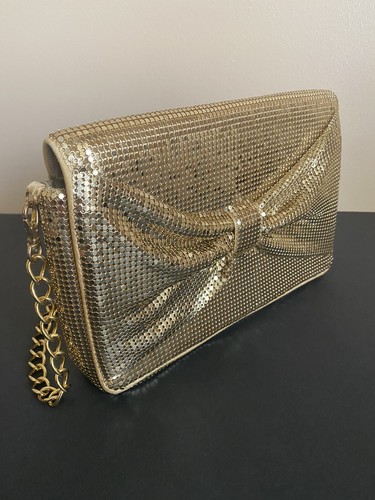 Vintage WHITING & DAVIS Gold Tone Mesh Bow Convertible Shoulder Clutch Purse Bag - Picture 8 of 12