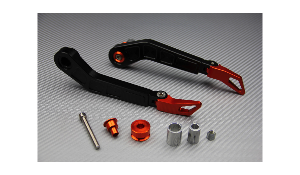 Protège-leviers moto universels alu orange pour éviter la casse de levier