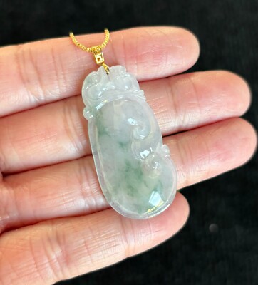 Highly Icy Floating Green Ruyi Jadeite Jade Pendant 18K Gold Buckle