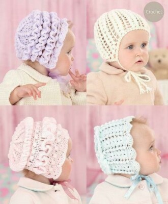BABY CROCHET PATTERN baby hats frilly bonnet prem 6m dk yarn UK
