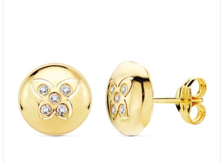 Pendientes oro 18k 750 Mls. Cierre Presión. Circonitas. Dibujo Mariposa 8,5 MM.