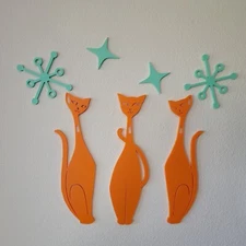 Mid-Century Modern Vintage Style Atomic Space Cat Family Set MCM Wall Decor 60s