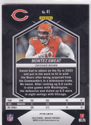 2024 Panini Mosaic NFL Football n. Felpa 41 Montez Argento Prizm - Foto 2 di 2