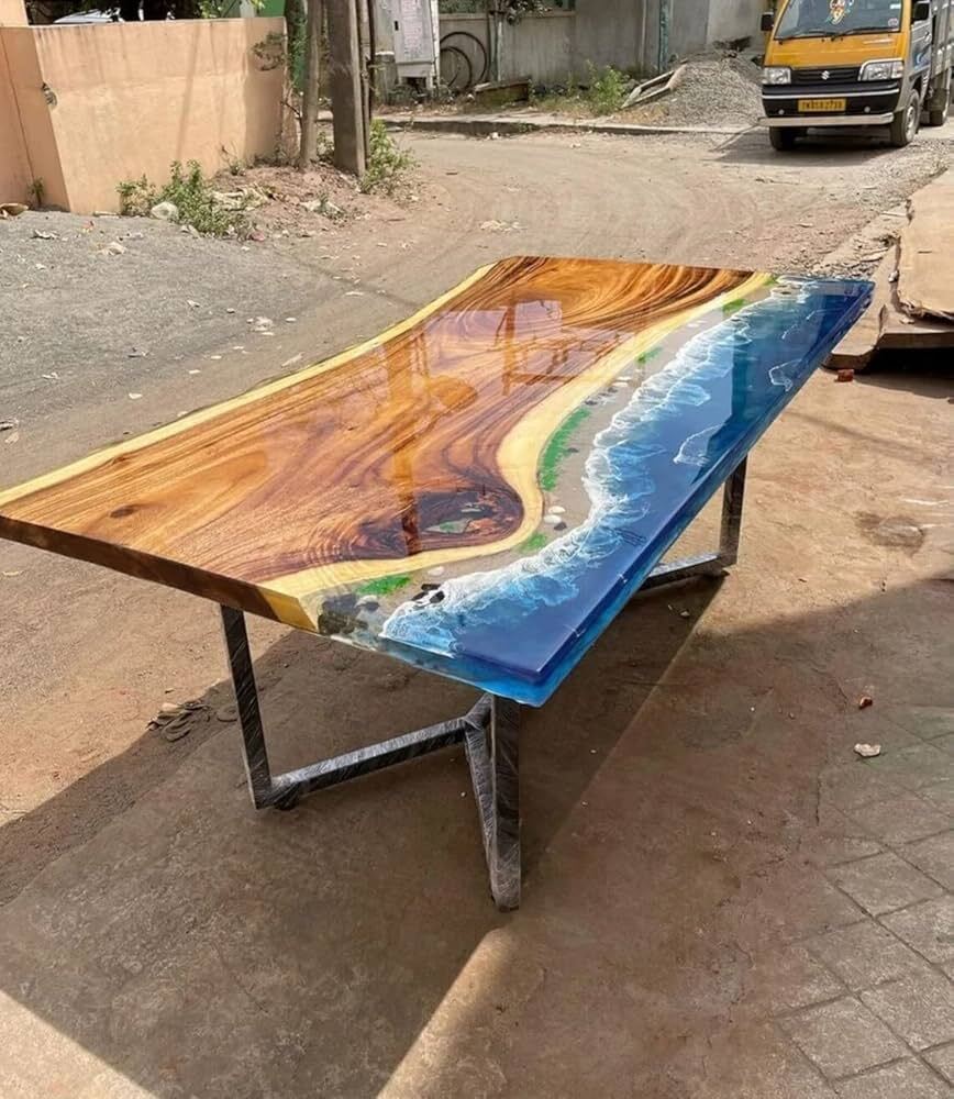 Ocean Wave Blue Resin Beach Dining Table with Wooden Base Handmade Coastal Decor