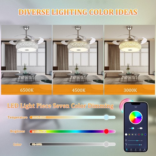 42" Silver RGB Retractable Ceiling Fan Light w/ Bluetooth Speaker & Remote - Picture 4 of 13