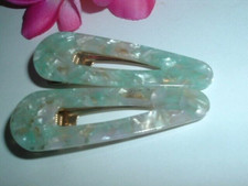 Pair Mint Green Pearl Marbled Lucite 2-1/ 2" Hair Clips w Spring Backs