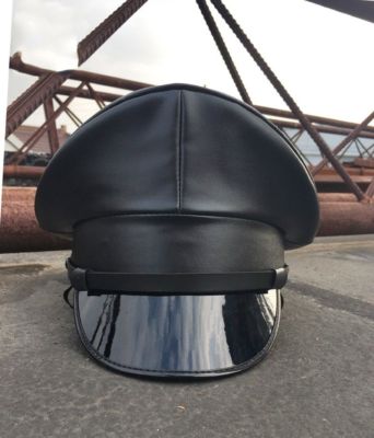 New Leather Black Military Police Biker Style Peaked Cap Hat  display picture 1