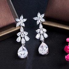 Silver Plated Cubic Zirconia Dangle Water Droplets Party Flower Bridal Earrings