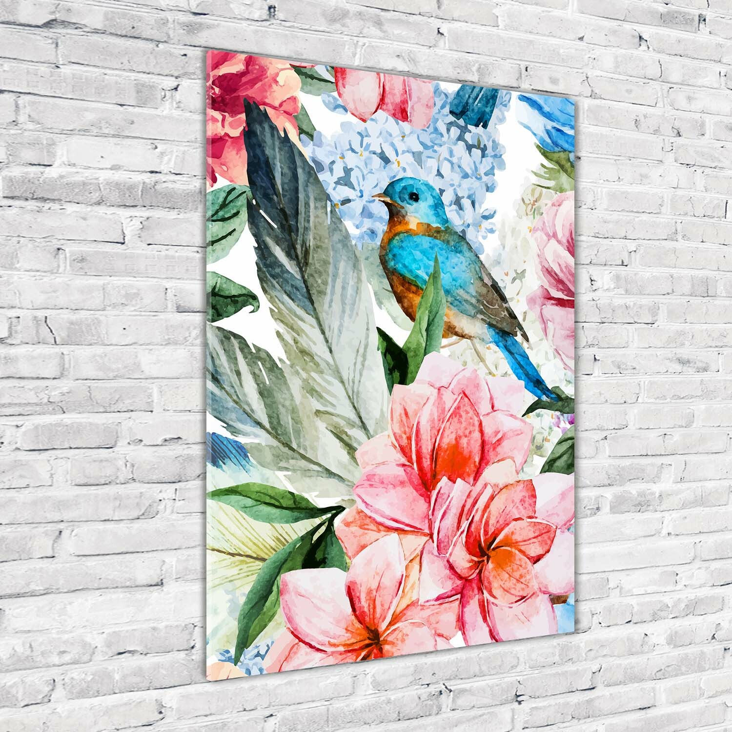 Wand-Bild Kunstdruck aus Hart-Glas Hochformat 70x100 Blaumen und Vögel Wand-Bild Kunstdruck aus Hart-Glas Hochformat 70x100 Blaumen und Vögel