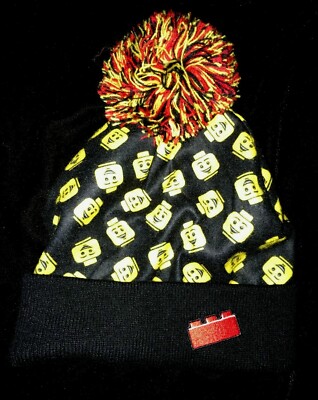 LEGO PRINT knit fleece WINTER HAT boys girl ONE SIZE FITS MOST black yellow  POM
