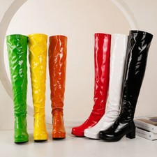 Women's Over the Knee Boots Zipper Square Heel Patent Leather Shoes