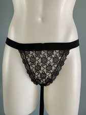 Vintage String Bikini Black Panties NOS Frilly Lace Flutter Hi-cut Size Large 7