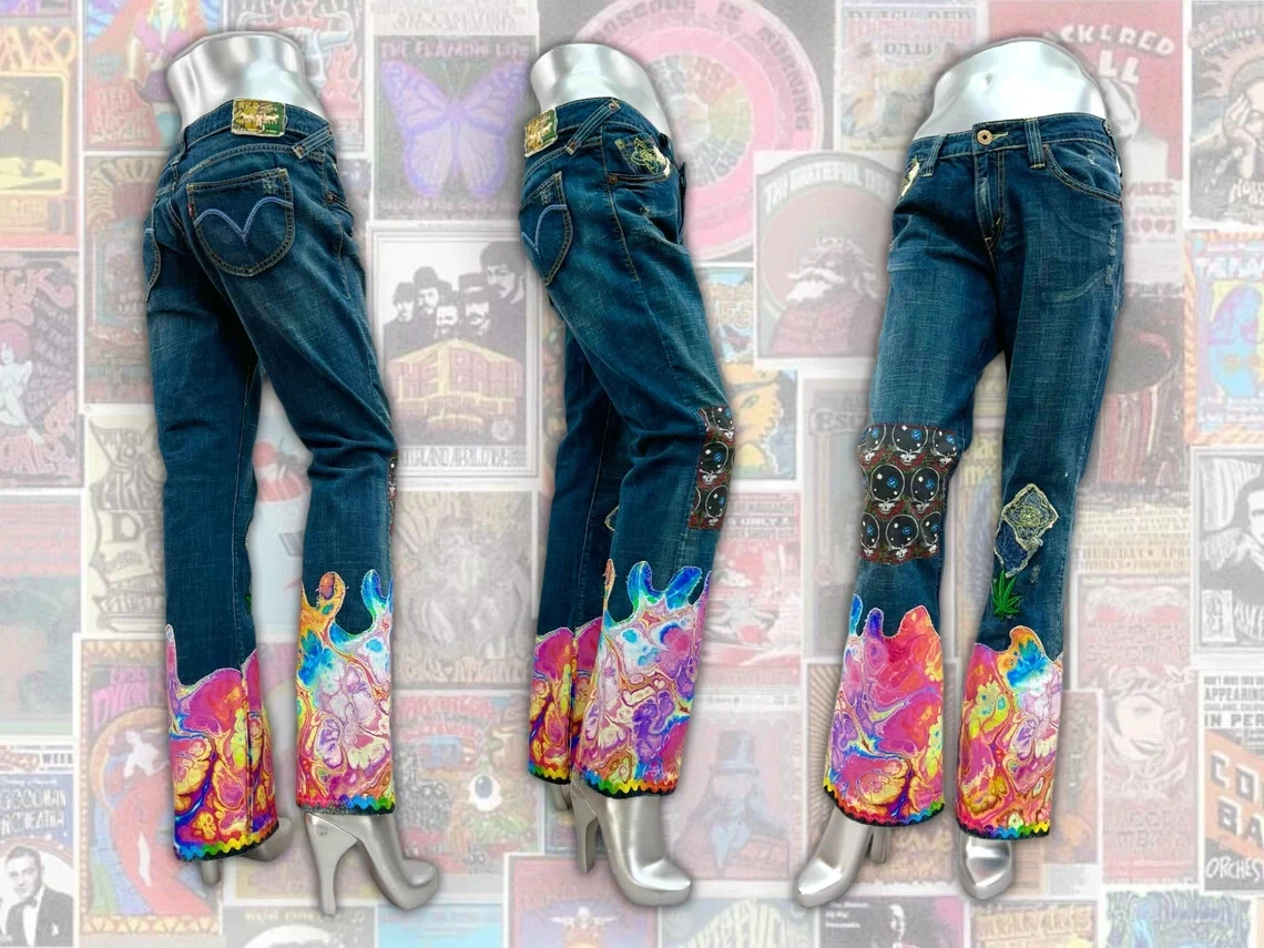 70s Upcycled Levis Bell Bottom Hippy Jeans with Custom Psychedelic