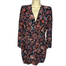IRO Silk Floral Fling V Neck Drape Long Sleeve Mini Dress Dark Romantic Womens L