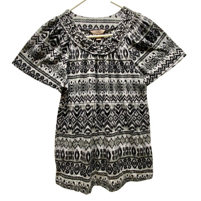 White Stag Blouse Women's Medium Black White Tribal Print Short Sleeve Flowy GUC
