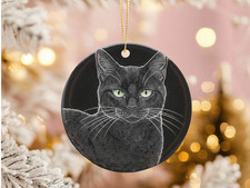 Black Cat Christmas Ornament Scratchboard Art Green Eyes Void Cat Gift Ceramic