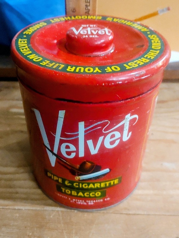 Vintage Velvet Pipe & Cigarette Tobacco Tin Canister Red Liggett & Myers 6"
