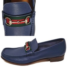 GUCCI SHOES MENS BLUE LEATHER MOCCASIN LOAFERS w HORSEBIT WEB sz 12.5G 13