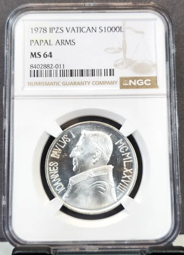 1978 VATICAN SILVER 1000 LIRE S1000L PAPAL ARMS NGC MS 64 BEAUTIFUL BU