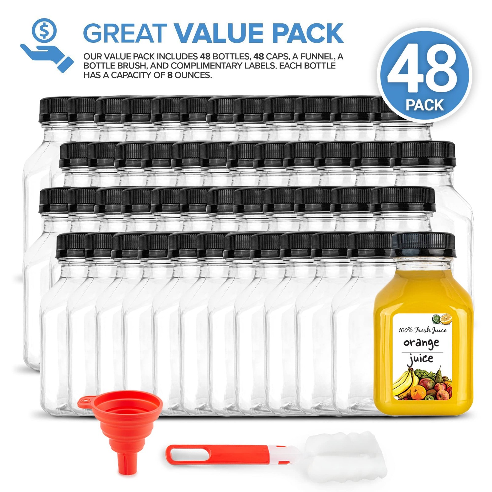 Stock Your Home Juice Bottles w/ Caps 8 oz 48 Pack Clear