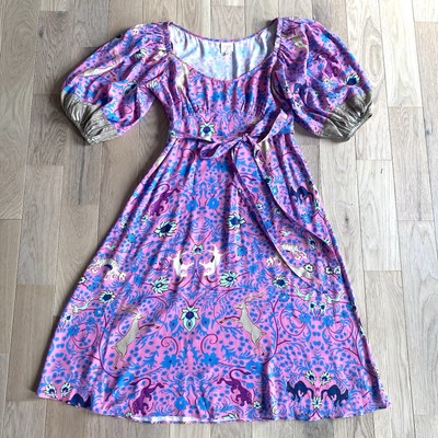 Plenty Tracy Reese Puff Sleeve Midi Dress Size Small Folkloric Print Animals