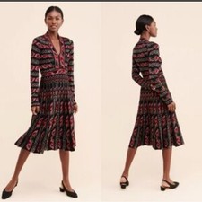 Cecilia Prado Anthropologie Red Black Dress Long Sleeve Floral Leopard Print S