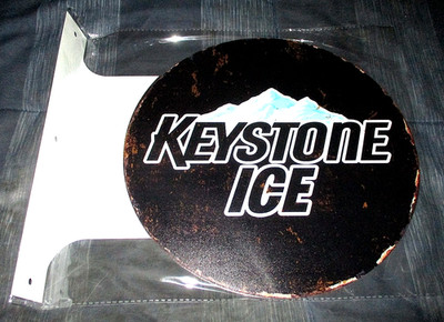 KEYSTONE ICE BEER  - by COORS  Double-Sided Imprint Metal Flange Sign #1a - NEW