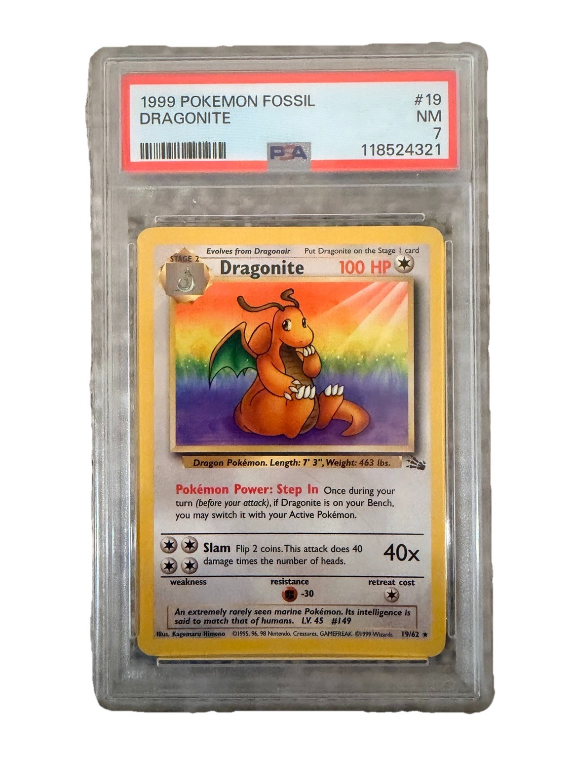Pokémon TCG Fossil Dragonite 19/62 Rare Regular Unlimited PSA 7 (Near Mint)