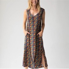 Natural Life Floral Pocket Maxi Dress Sleeveless V Neck Blue Yellow Red M