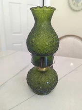  Vtg LE Smith Green Glass Daisy & Button Oil Lamp w/ Shade 12" Tall Light Table 