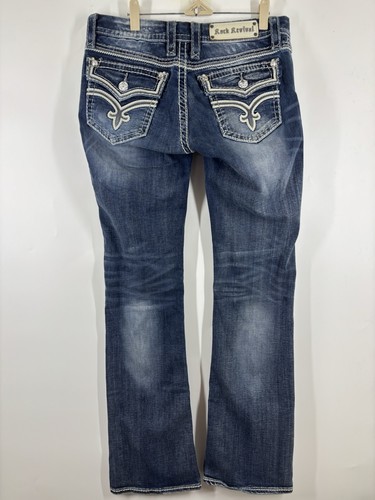 Rock Revival Ashley Bootcut Blue White Embroidered Embellished Low Rise Jeans 30 - Picture 2 of 5