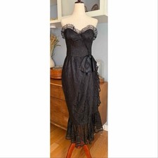 Vtg 80  s Gunne Sax Strapless Black Lace Prom Dress Bow Ruffles XS Goth Whimsy