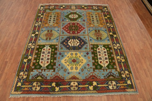 Light Blue Handmade Bedroom Wool Carpet Geometric Kazak Style Area Rug ...