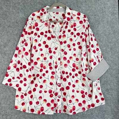 Foxcroft Mary Sweet Cherries Top Womens 22W Wrinkle Free Shaped Button Up NWT**
