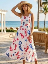 J Crew Red White Blue Nautical Lobster Starfish Smocked Midi Dress Petite M