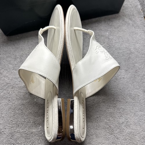 Lauren Ralph Lauren cremefarbene Damen-Ledersandalen 8B Logo Flip-Flop Strand adrett - Bild 6 von 11