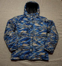 Boys Columbia Hooded Puffer Coat w/ Pockets Blue Gray Pixelated Pattern Sz M